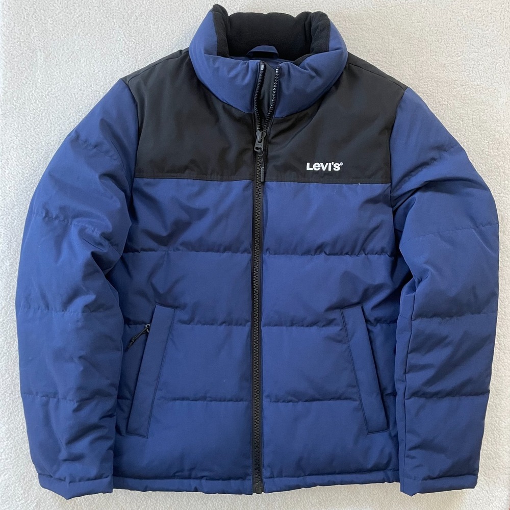 Levi's Mens Small Puffer Jacket Blue Black Colorblock Quilted Insulated Coat